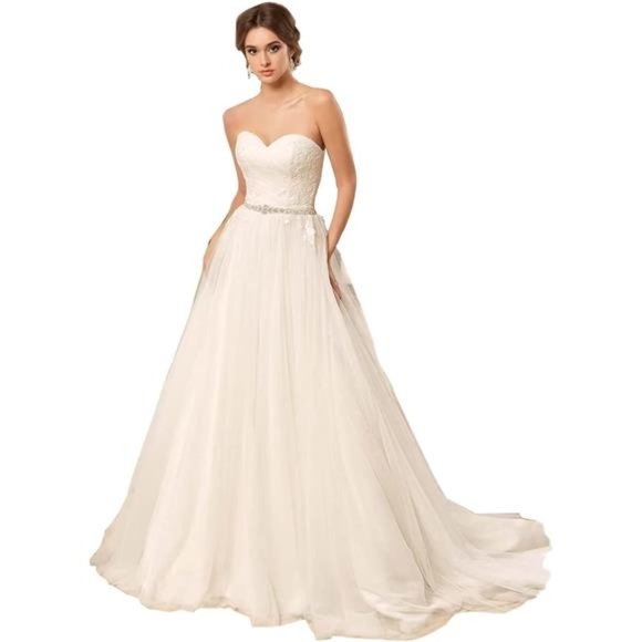 Wedding Dresses Ball Gown Crystal Rhinestone Belt Lace Up Tulle Bride Dress  - threedaughtersproperties.com